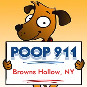 POOP 911 Browns Hollow, New York yard sign being held by a Smiling Brown Dog.
