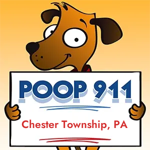 POOP 911 Chester Township, Pennsylvania yard sign being held by a Smiling Brown Dog.