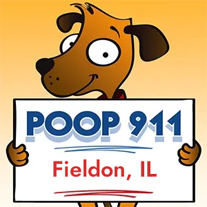 POOP 911 Fieldon, Illinois yard sign being held by a Smiling Brown Dog.