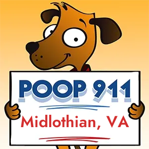 POOP 911 Midlothian, Virginia yard sign being held by a Smiling Brown Dog.