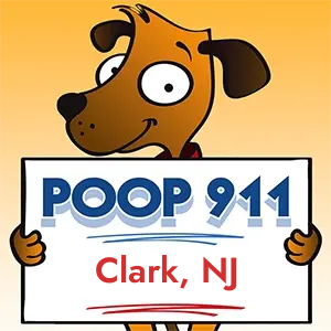 POOP 911 Clark, New Jersey yard sign being held by a Smiling Brown Dog.