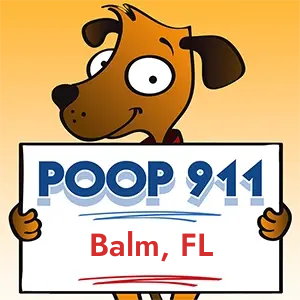 POOP 911 Balm, Florida yard sign being held by a Smiling Brown Dog.