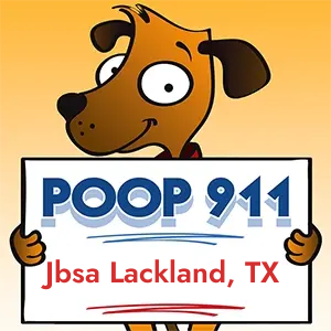 POOP 911 Jbsa Lackland, Texas yard sign being held by a Smiling Brown Dog.