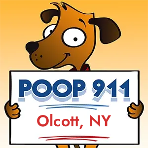 POOP 911 Olcott, New York yard sign being held by a Smiling Brown Dog.