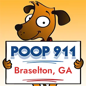POOP 911 Braselton, Georgia yard sign being held by a Smiling Brown Dog.