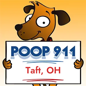 POOP 911 Taft, Ohio yard sign being held by a Smiling Brown Dog.