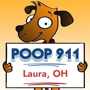 POOP 911 Laura, Ohio yard sign being held by a Smiling Brown Dog.