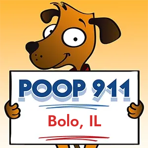 POOP 911 Bolo, Illinois yard sign being held by a Smiling Brown Dog.