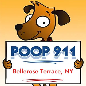 POOP 911 Bellerose Terrace, New York yard sign being held by a Smiling Brown Dog.