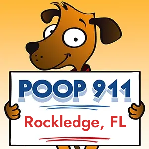 POOP 911 Rockledge, Florida yard sign being held by a Smiling Brown Dog.