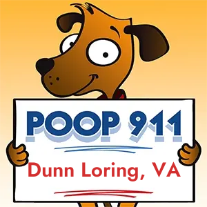 POOP 911 Dunn Loring, Virginia yard sign being held by a Smiling Brown Dog.
