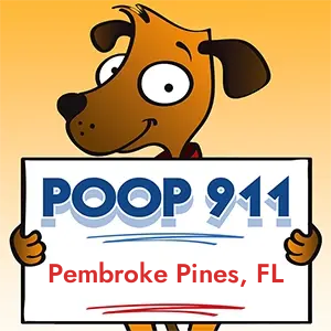 POOP 911 Pembroke Pines, Florida yard sign being held by a Smiling Brown Dog.