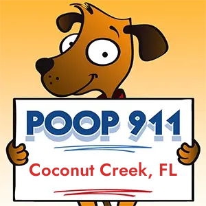 POOP 911 Coconut Creek, Florida yard sign being held by a Smiling Brown Dog.