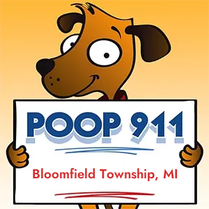 POOP 911 Bloomfield Township, Michigan yard sign being held by a Smiling Brown Dog.