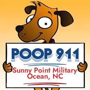 POOP 911 Sunny Point Military Ocean, North Carolina yard sign being held by a Smiling Brown Dog.